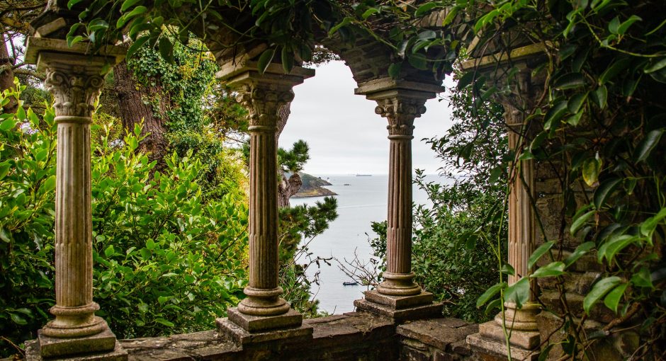 st mawes view through green plants